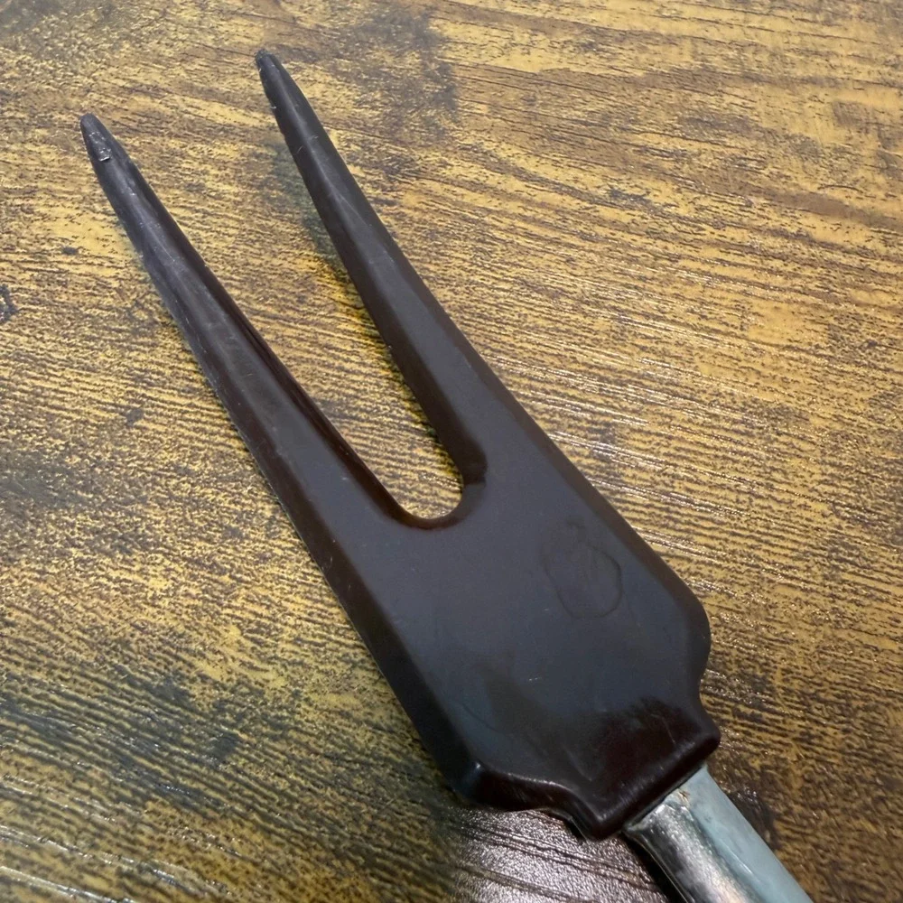Vtg Mid Century Modern 2 Prong Serving Fork Brown Cream Plastic Handle 12